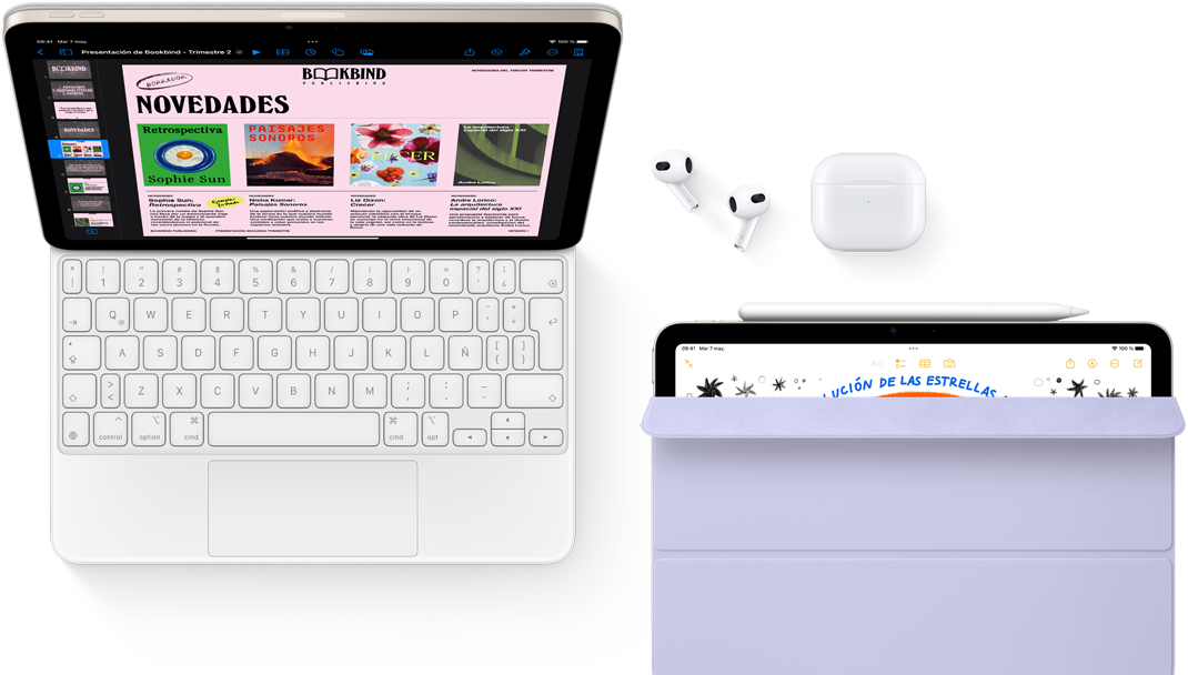 iPad Air conectado a un Magic Keyboard, con Airpods Pro, Apple Pencil Pro y accesorios Smart Folio